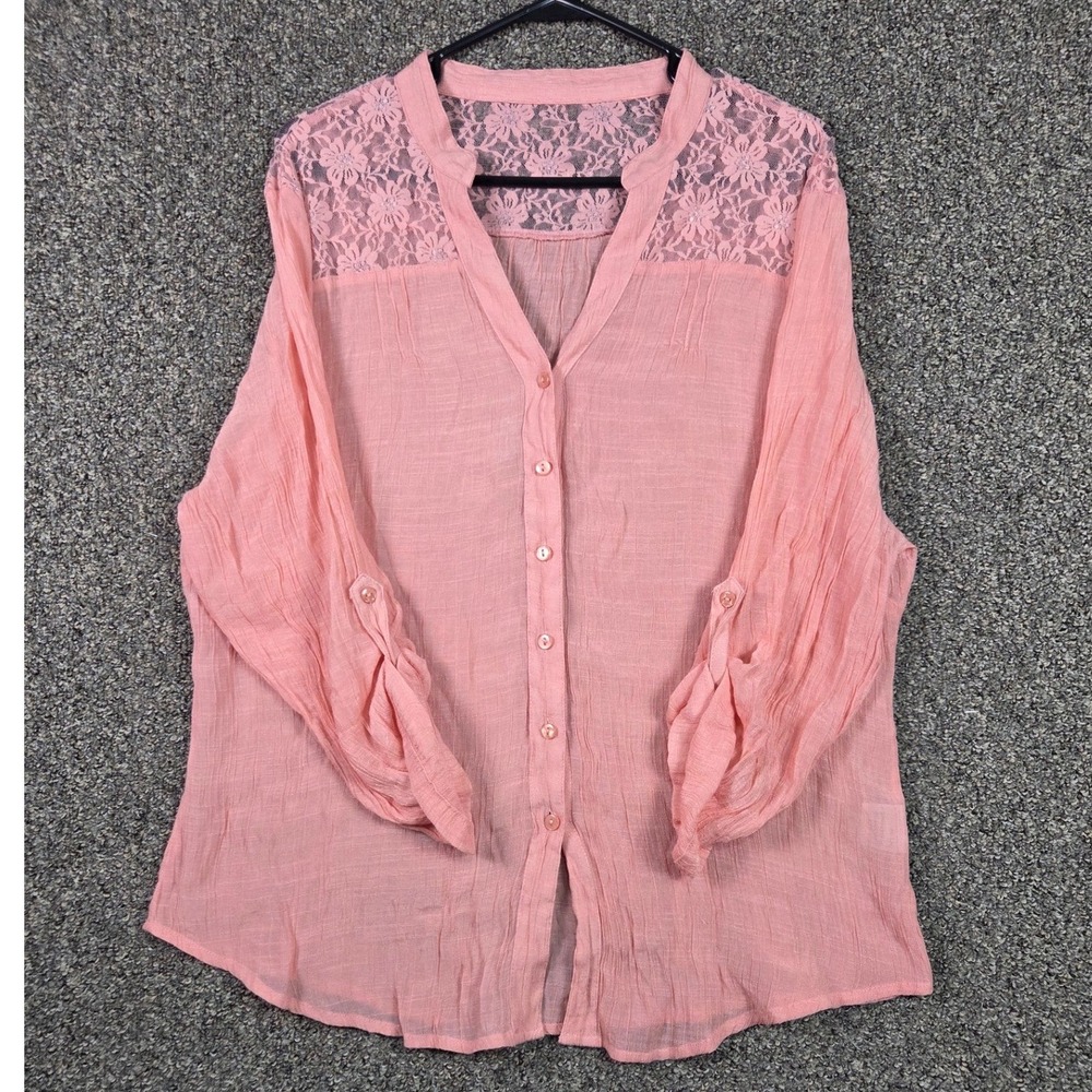 Unbranded Lace Yoke Button Down Top Womens 3XL Pink Roll‎ Tab Sleeve 32766X